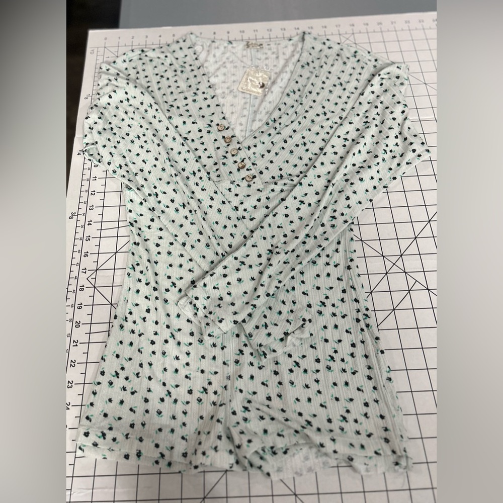 Free People Mint Green Floral Ribbed Long Sleeve Romper